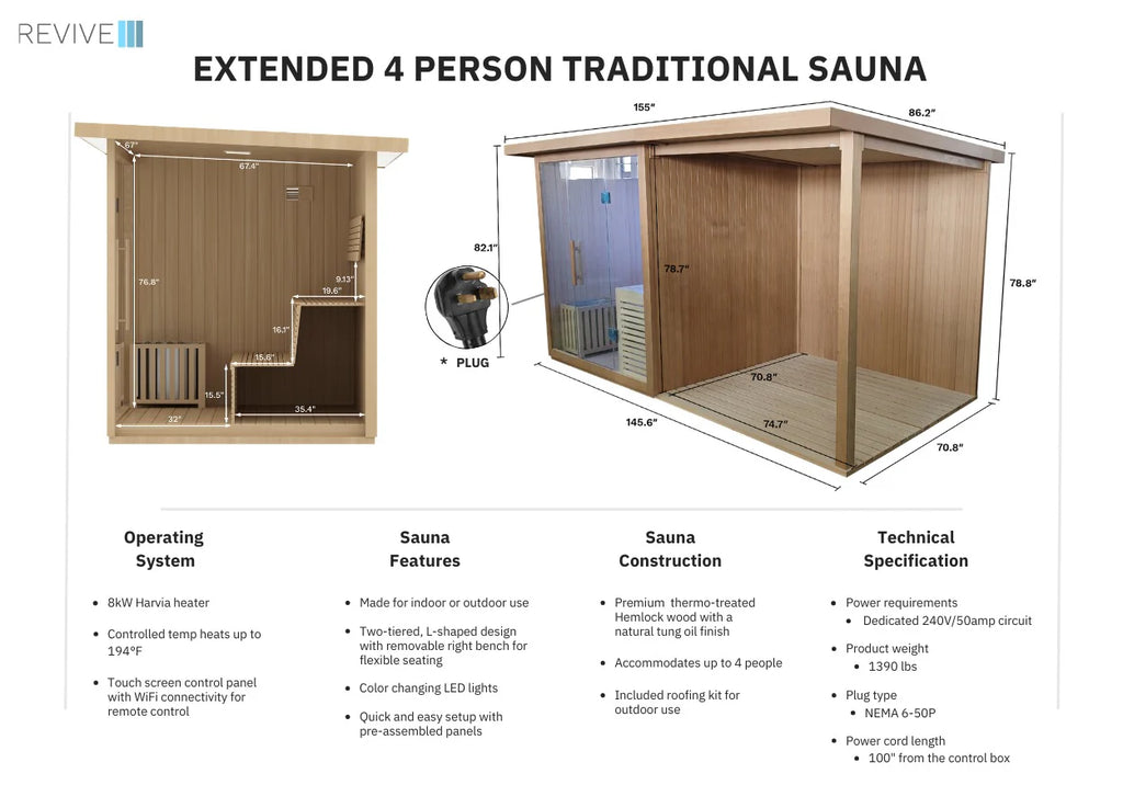 REVIVE 4 Person Traditional Sauna with Extension Kit