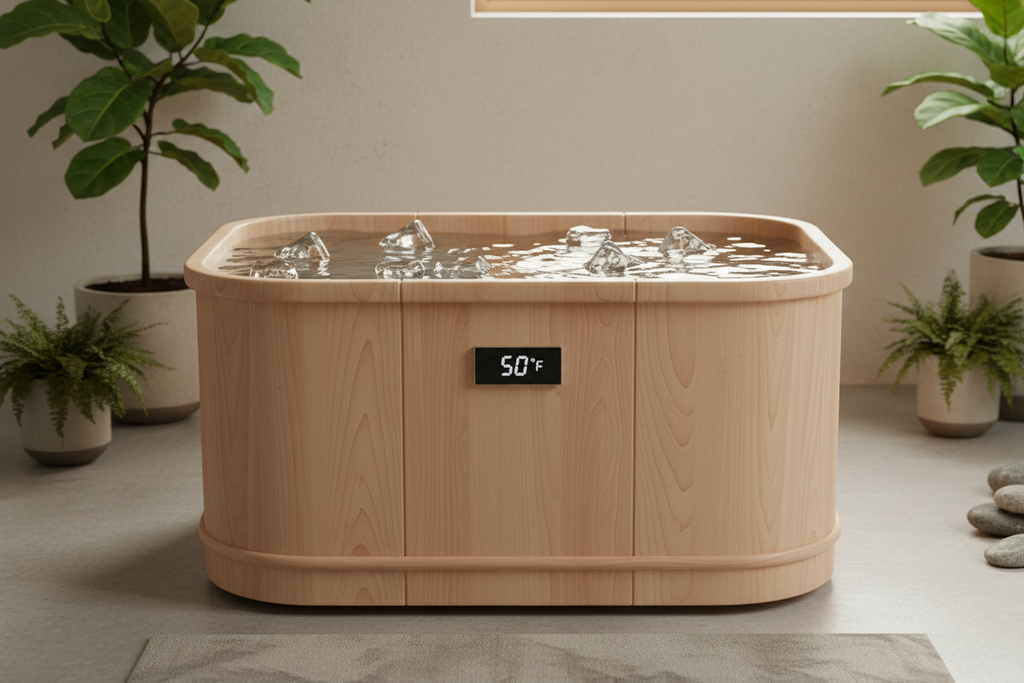 Elite Japandi Barrel Cold Plunge with ice and 50 degree thermometer in zen minimalist setting