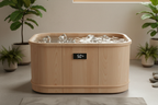 Elite Japandi Barrel Cold Plunge with ice and 50 degree thermometer in zen minimalist setting