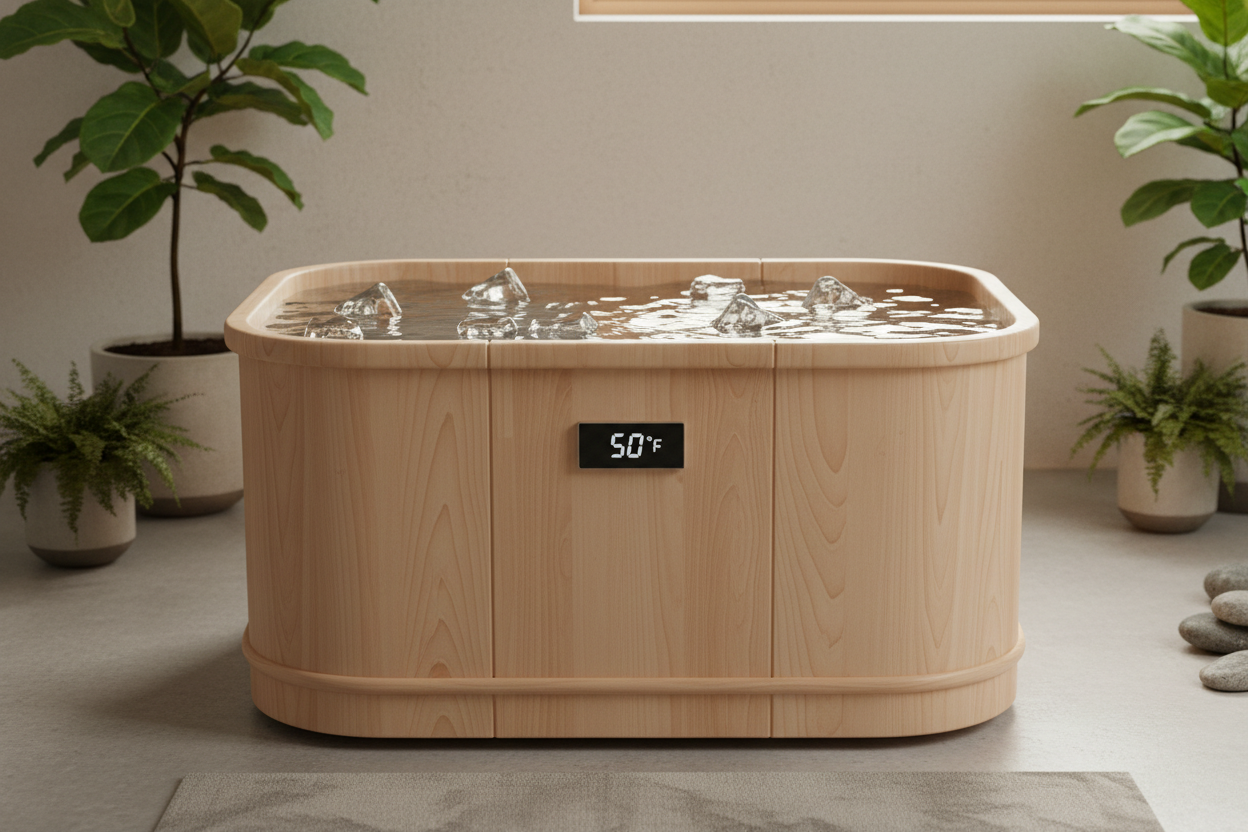 Elite Japandi Barrel Cold Plunge with ice and 50 degree thermometer in zen minimalist setting