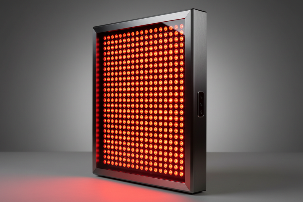 Elite Red Light Therapy Panel with red and near-infrared LEDs glowing, product-focused shot