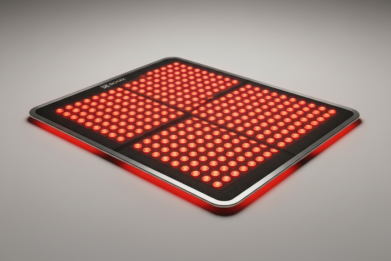 Elite Red Light Therapy Mat with red and near-infrared LEDs glowing across full surface