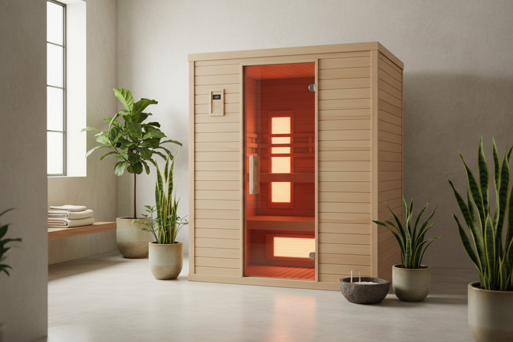 Elite Japandi Infrared Sauna with clean minimalist design and warm natural wood finish