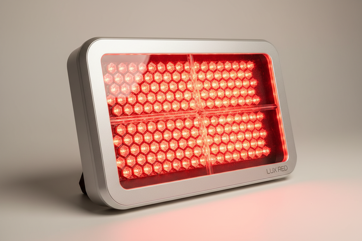 Elite Pearl Red Light Therapy Panel with white finish and red LEDs glowing, modern design